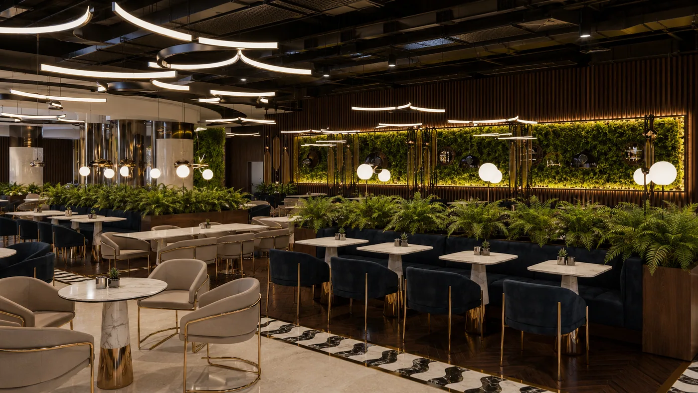 Banquette seating and planters