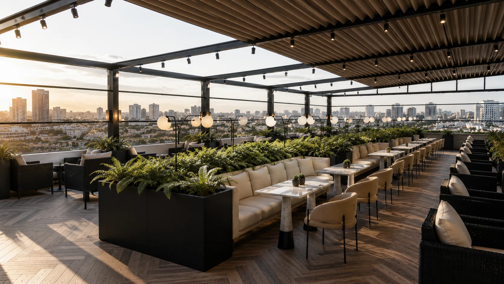 The rooftop terrace at sunset