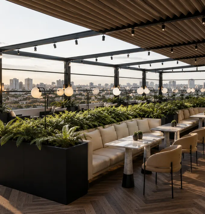 Roof terrace at sunset