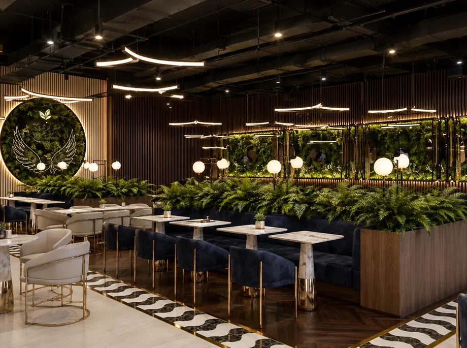 Dining room against the planted wall