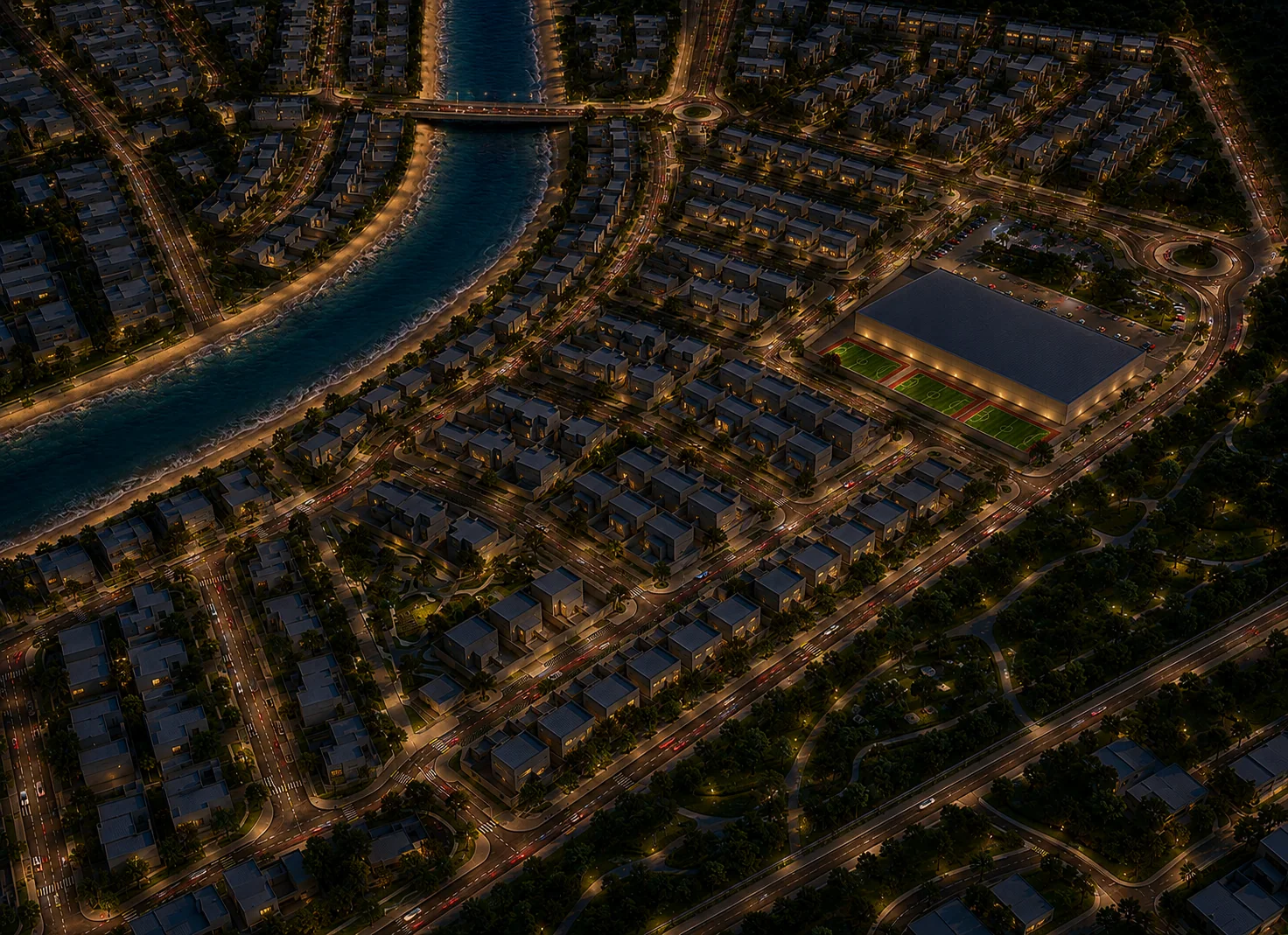 Closing aerial of Ohana Al Jurf Phase 05 A at night