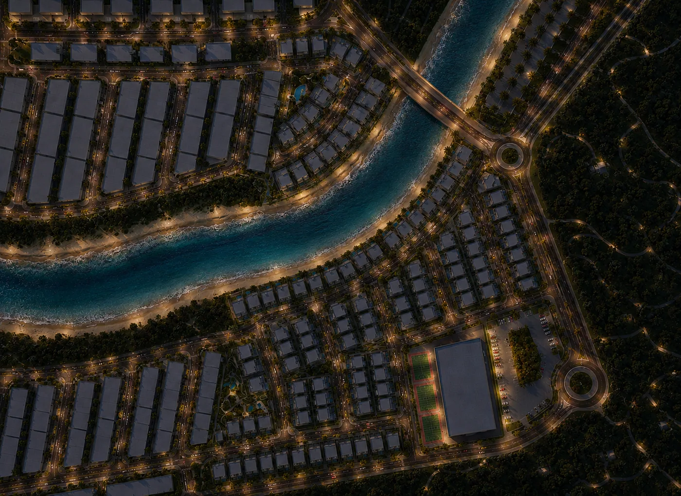 Night view along the terraces and channel