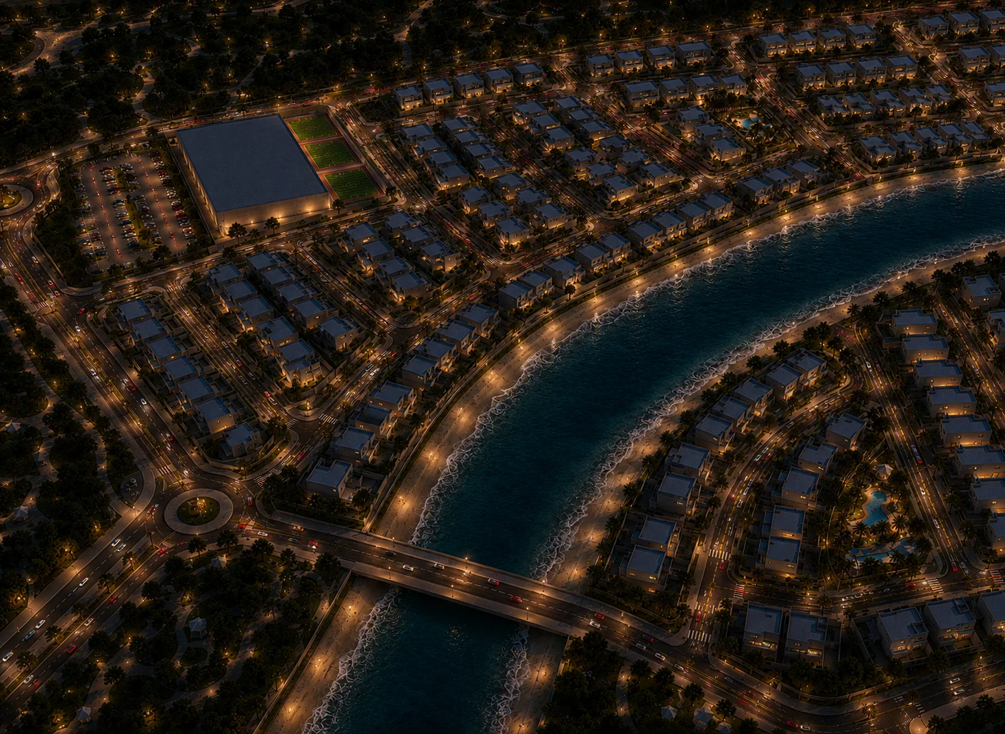 The channel and bridge at night