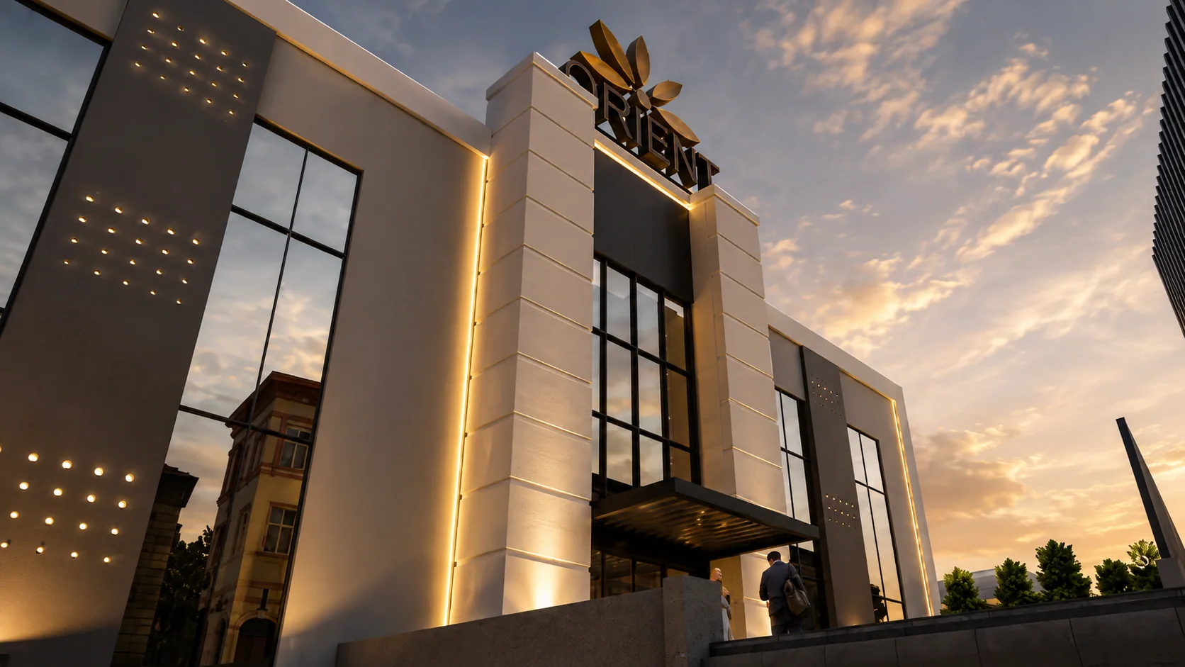 The entrance front at dusk
