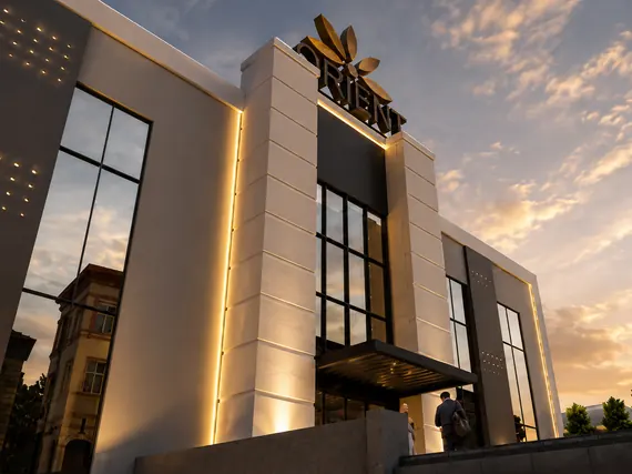 Corner elevation at golden hour