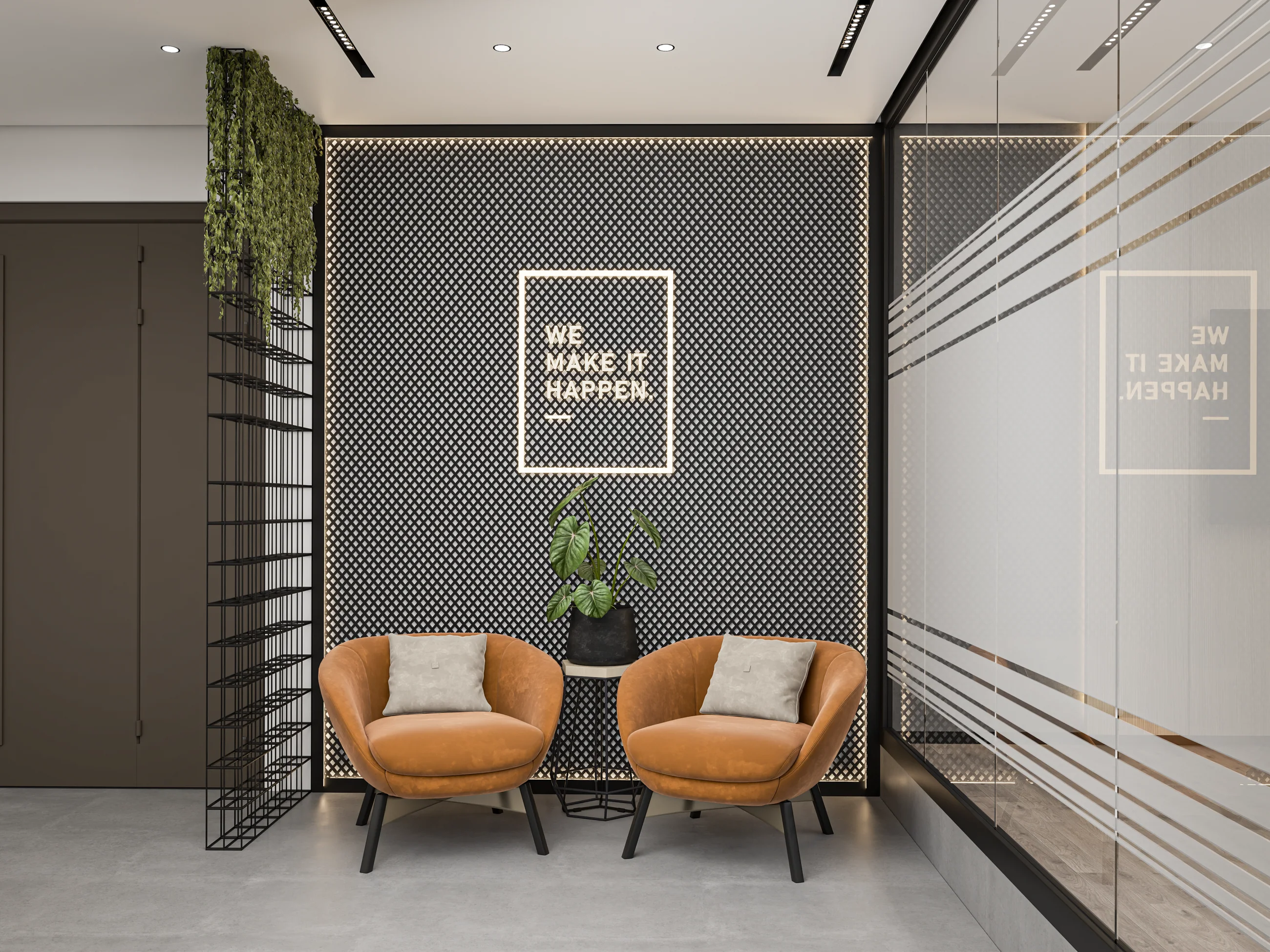 The lobby and branded wall