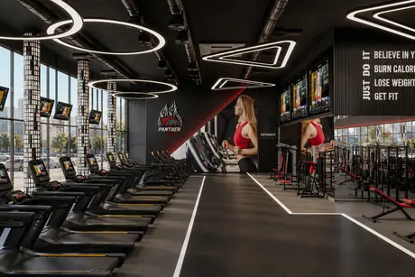 Cardio floor facing the glazed wall