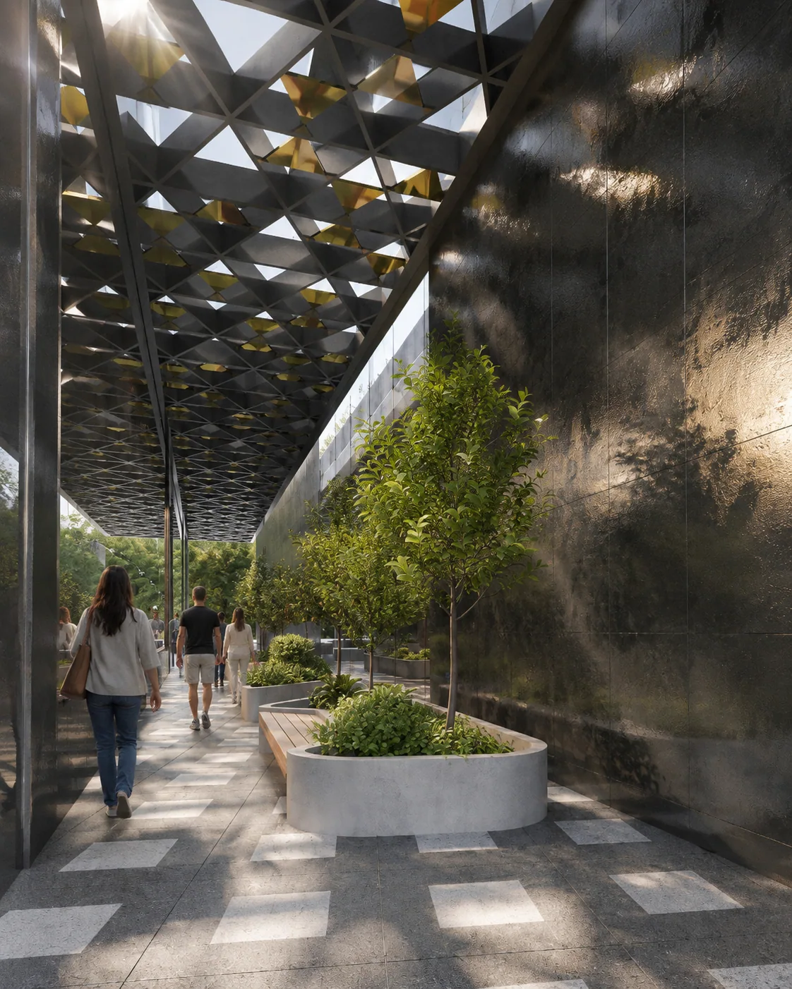 The planted approach under the canopy