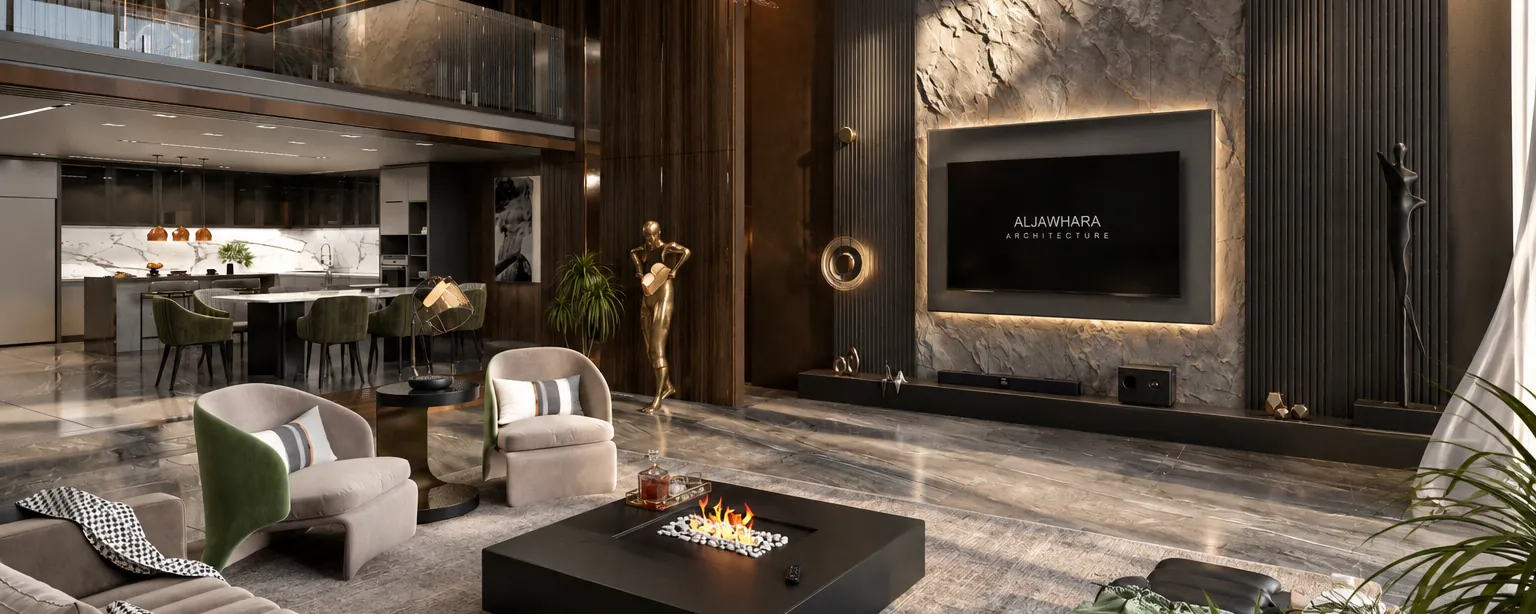 Living room with fire table