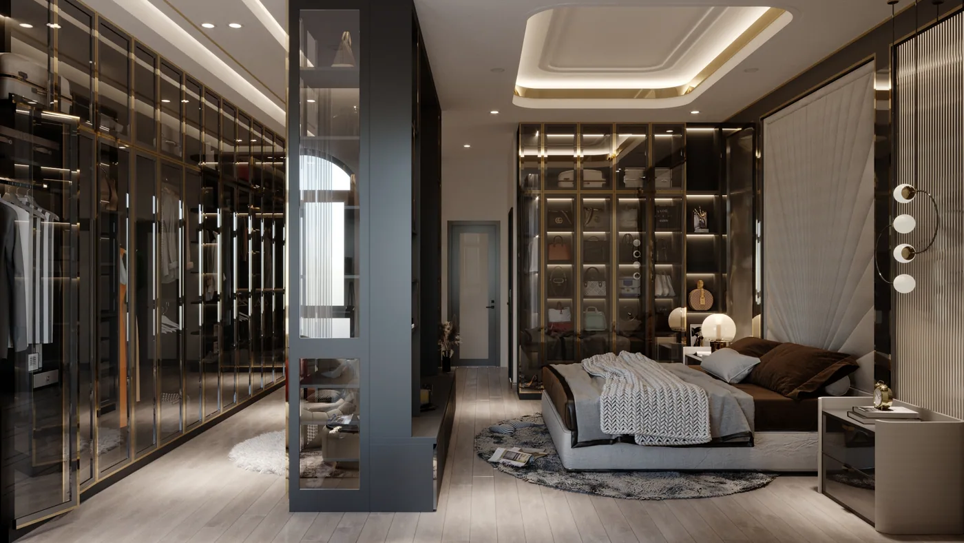 The bedroom and dressing beyond