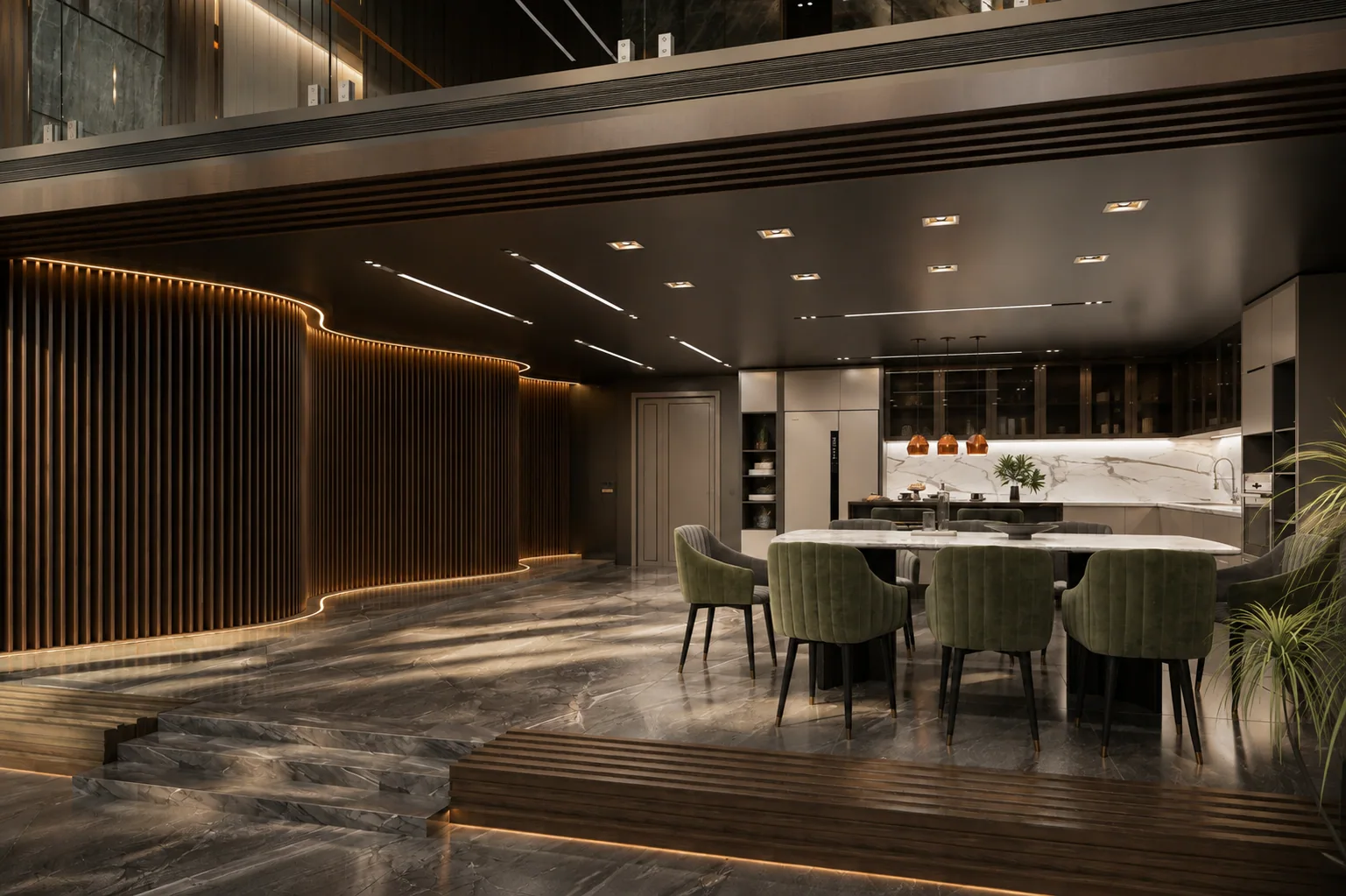 The dining room and kitchen beyond