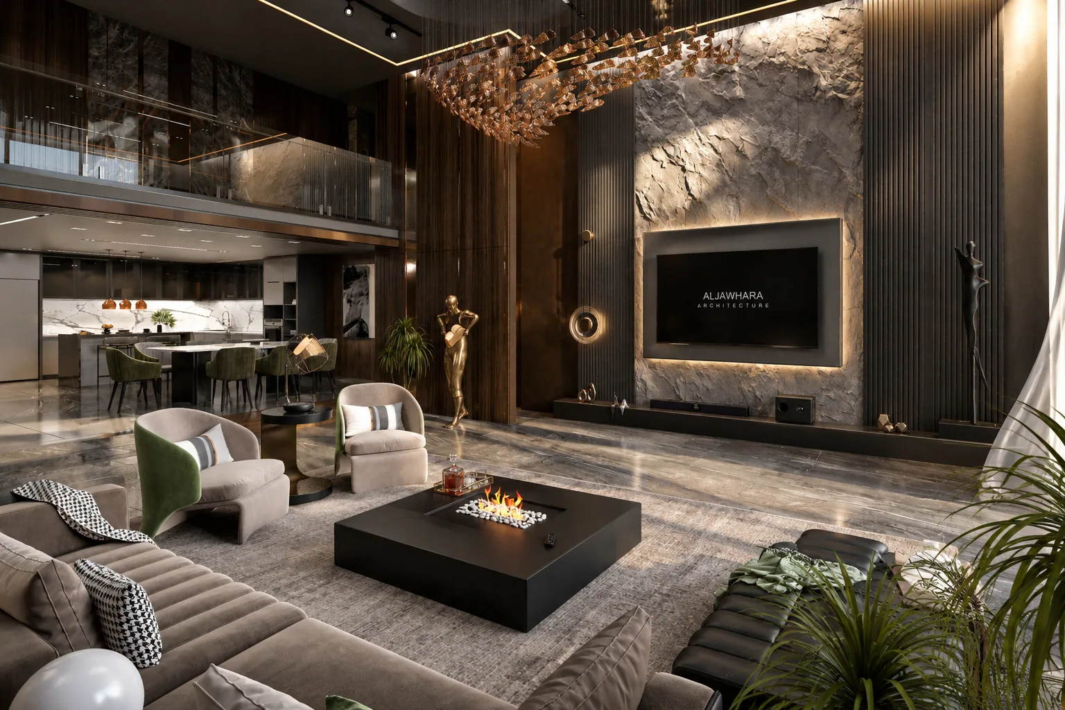 The fireplace and lounge