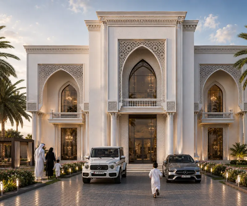 Villa frontage at dusk