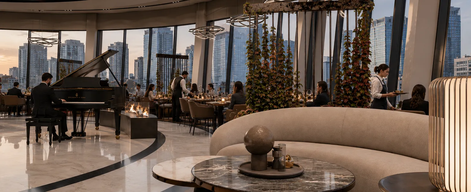 Lounge with grand piano above the city