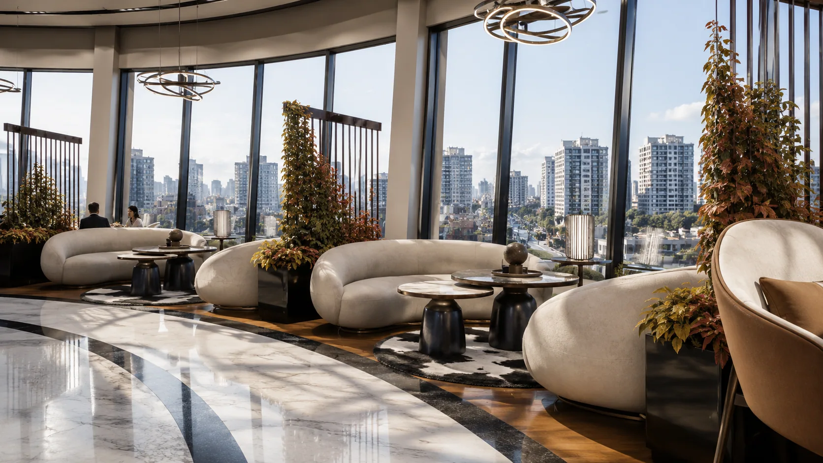 The lounge seating against the glass
