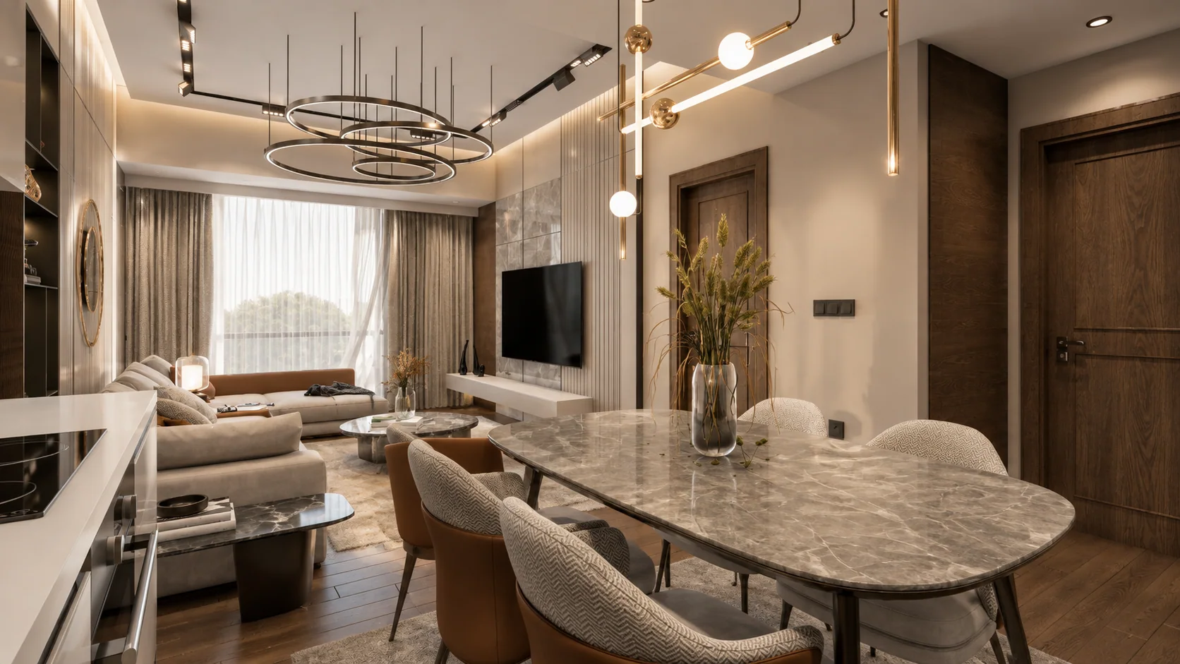 The dining table and kitchen