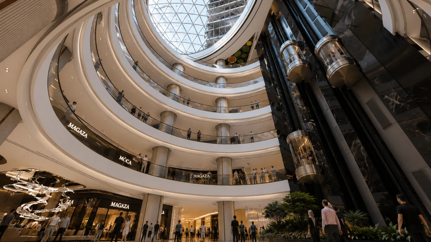 Glazed lifts in the atrium void