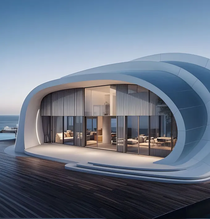 Sculptural shell villa at dusk