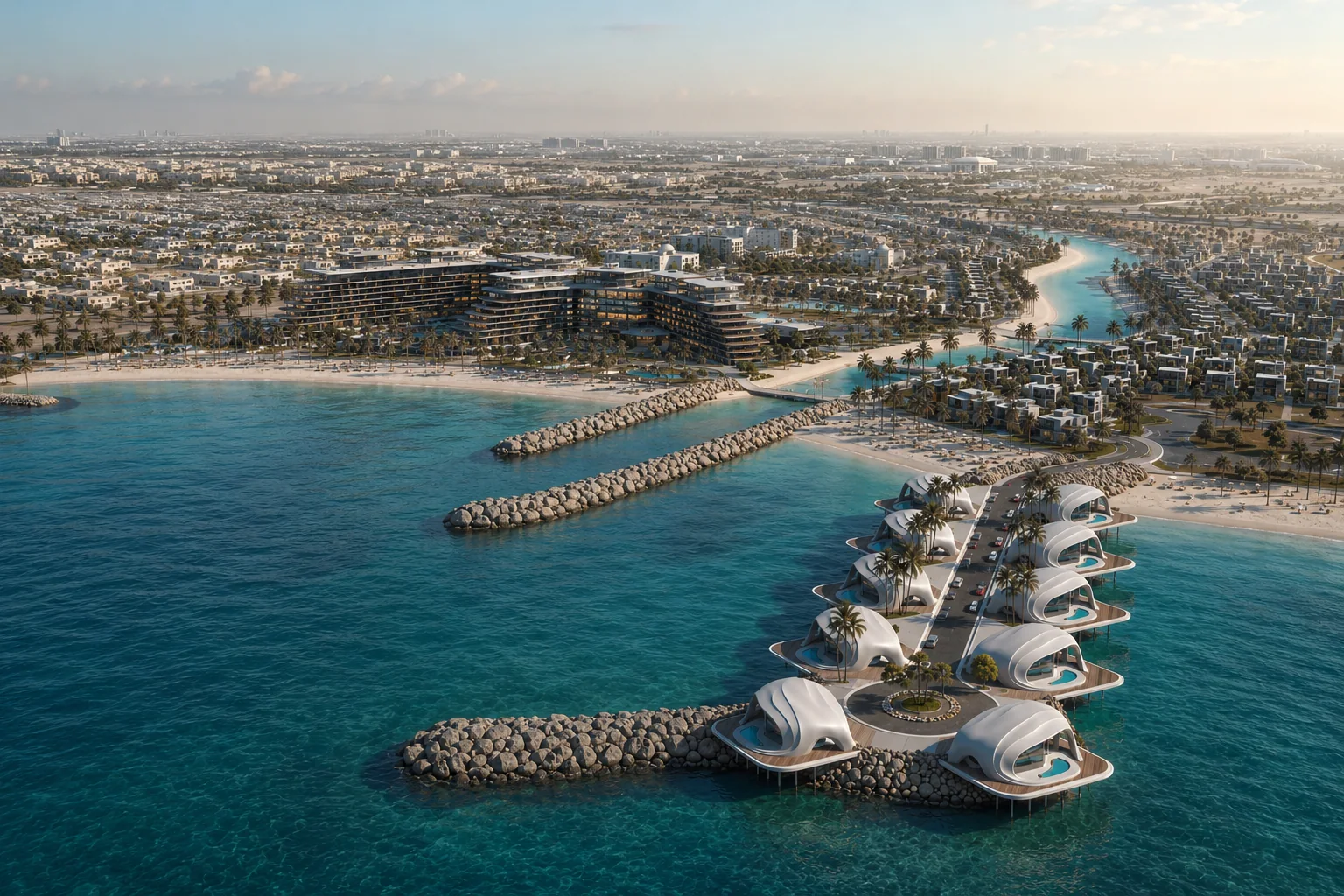 Aerial view of the villas along the breakwater