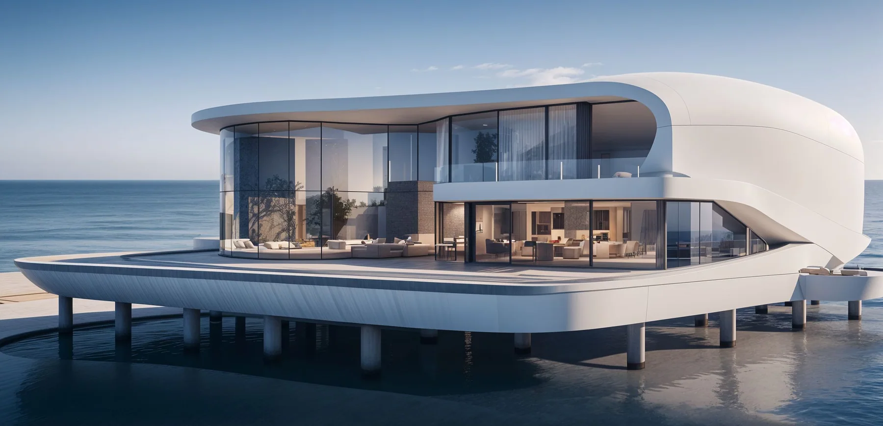 A villa on its deck above the water