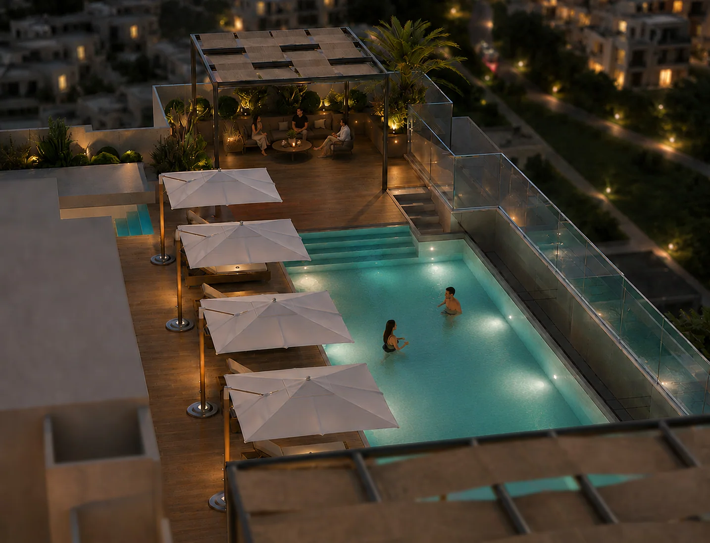 The pool deck in the evening