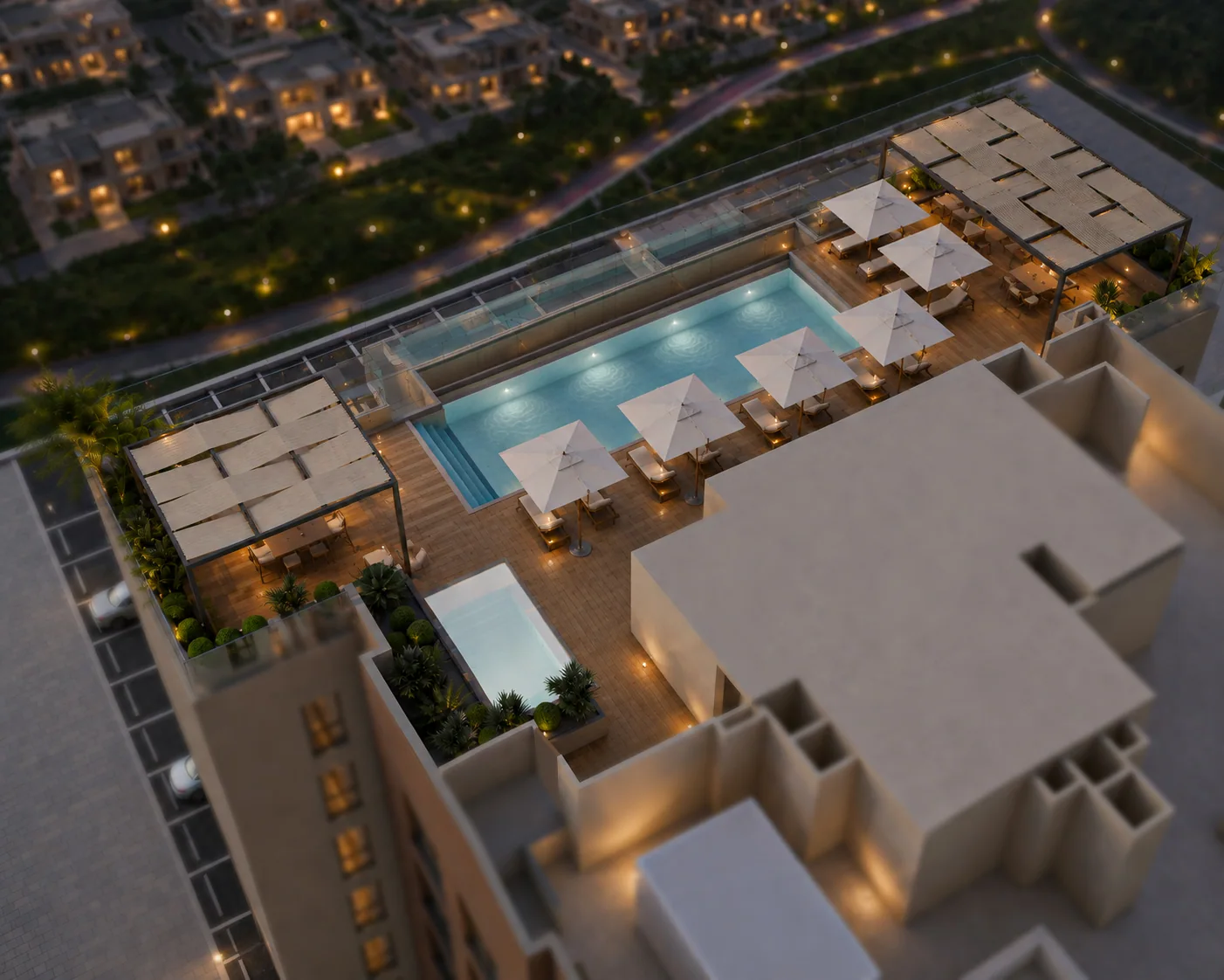 The rooftop pool deck from above