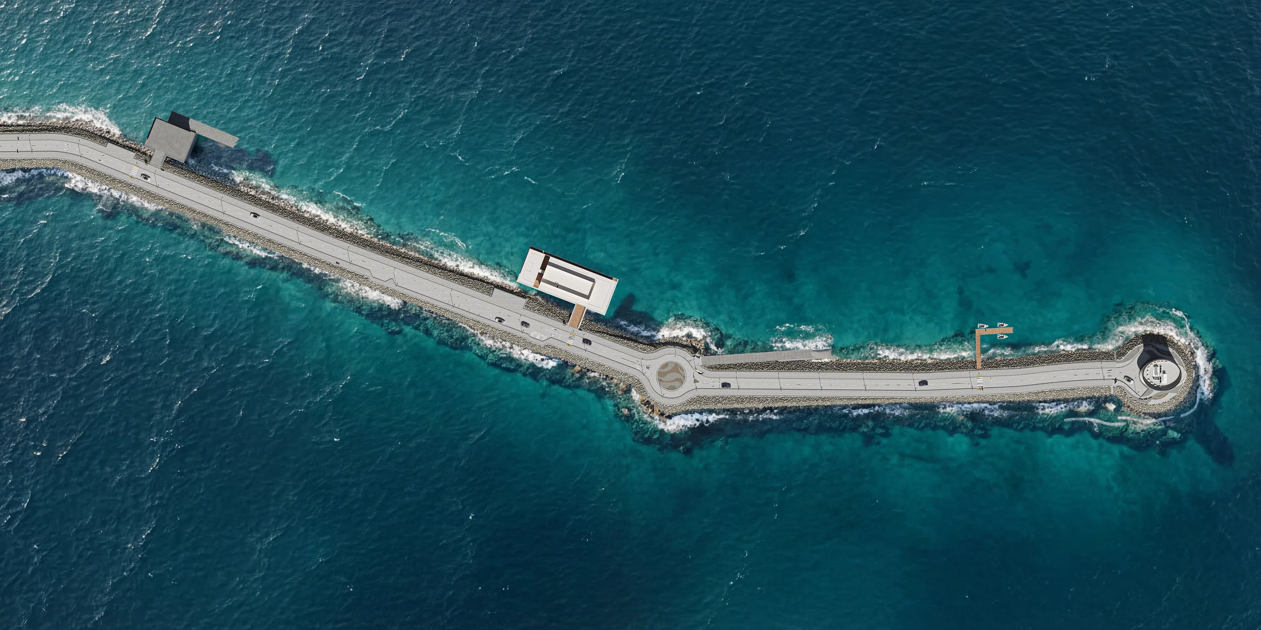 Aerial view of the breakwater and causeway