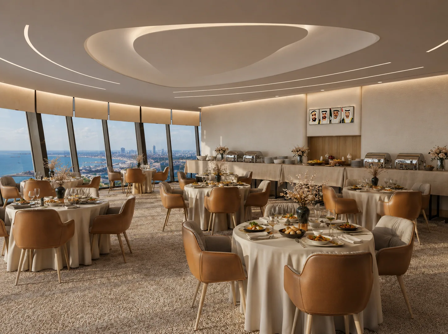 The dining floor set for service