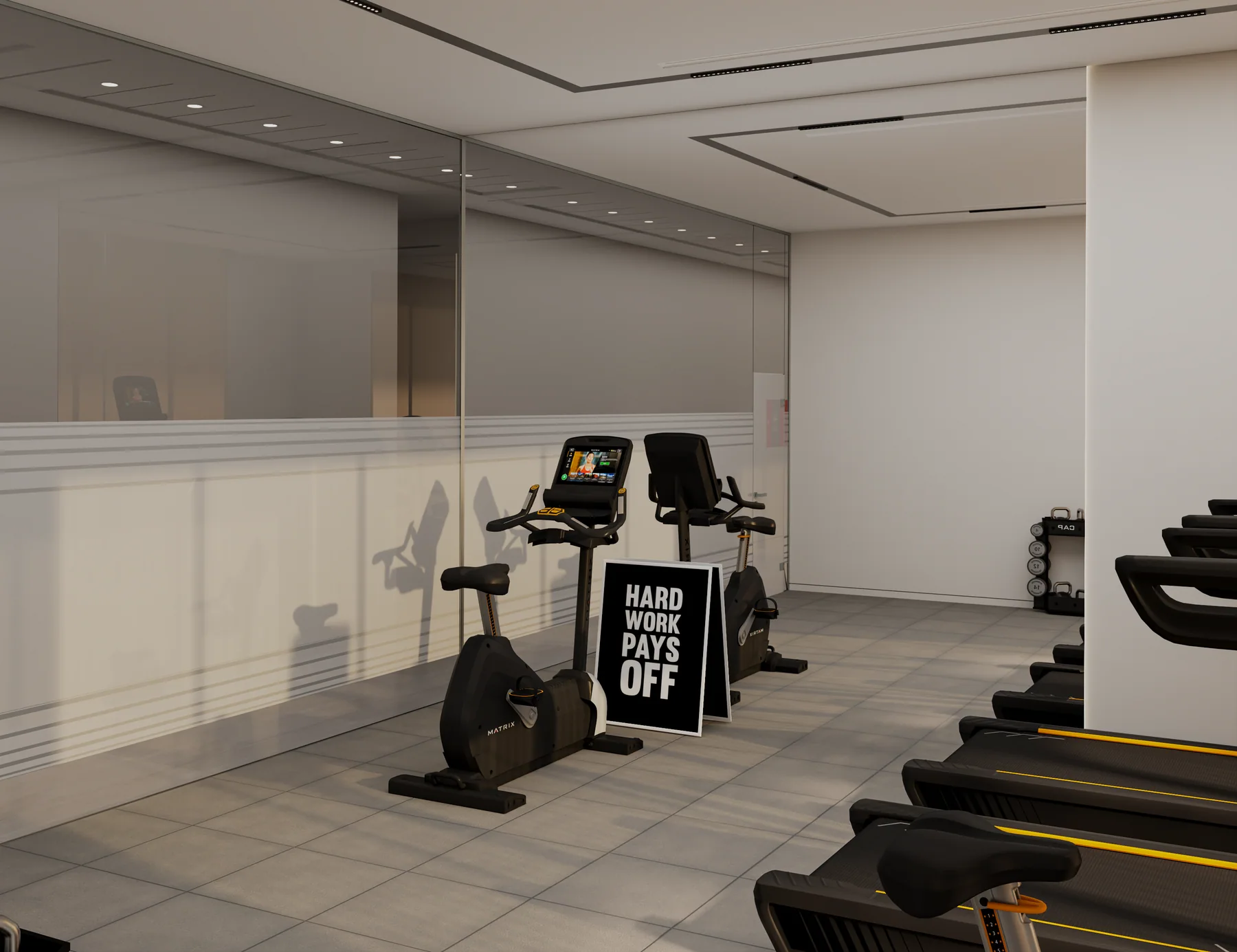Gym equipment along the glazing