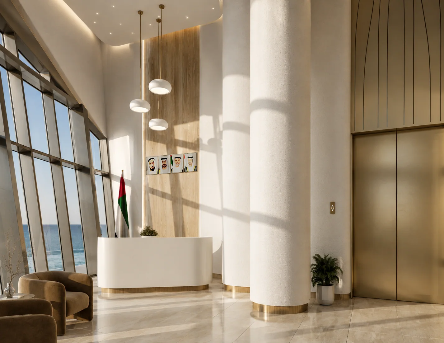 The tower lobby and columns