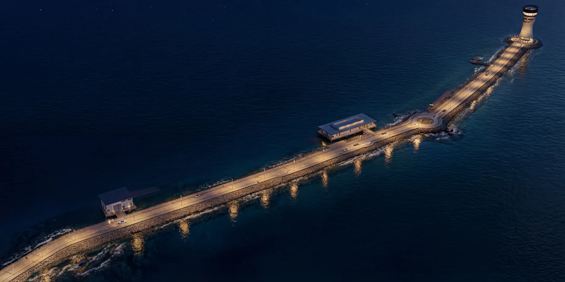 The causeway lit at night