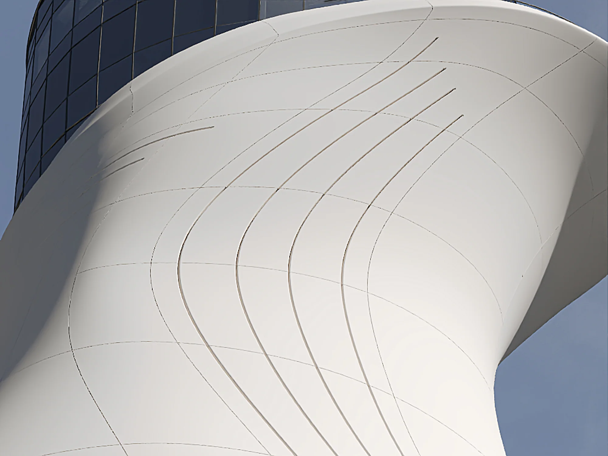 The curved GRC shell of the tower base