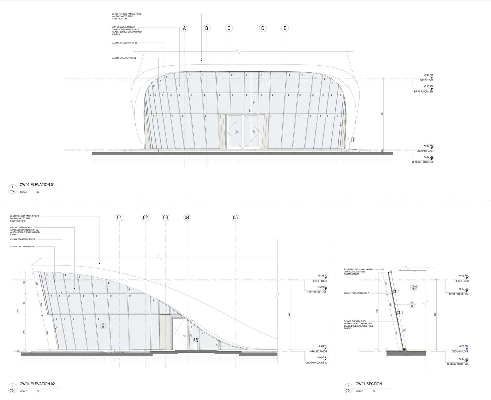 Curtain Wall 01 Elevations & Section  |  AR-704