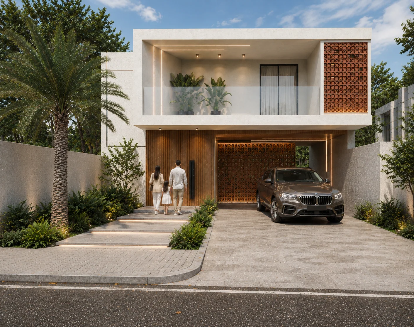 The entrance elevation by day
