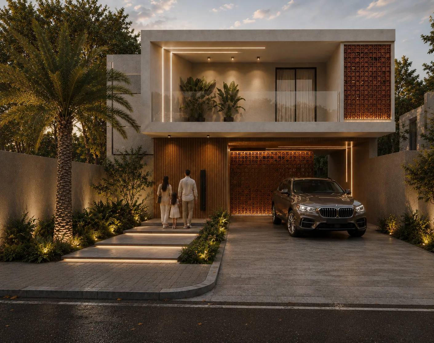 The entrance elevation at dusk